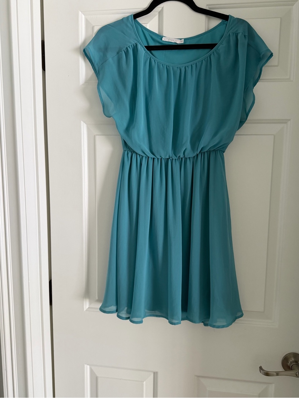 Lush Teal Chiffon Elastic-Waist Flutter Sleeve Dress
